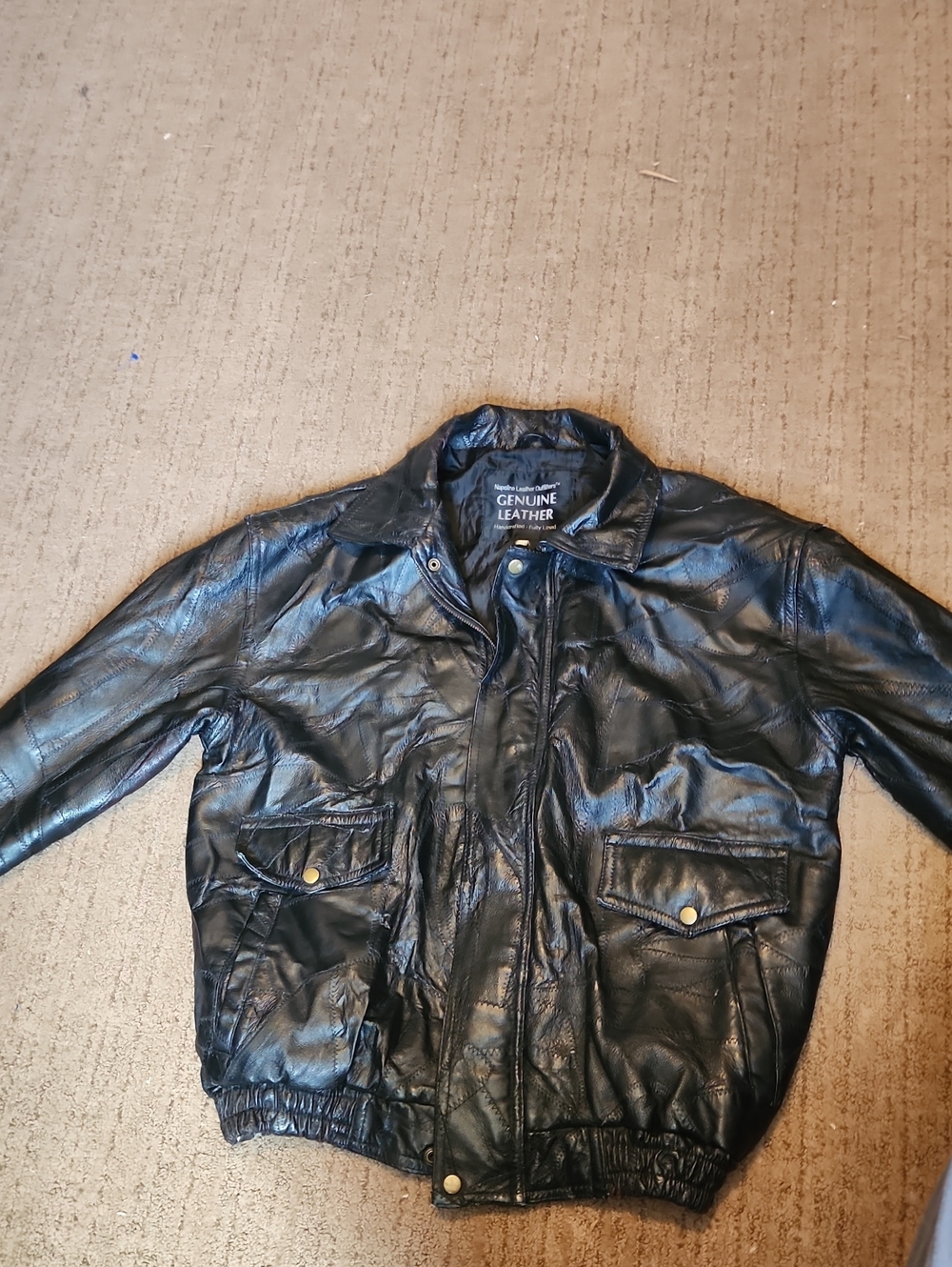 Men's Black Genuine Leather Bomber Jacket with Front Pockets